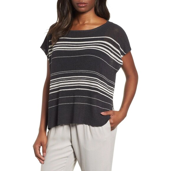 Eileen Fisher 3X Organic Linen Bateau Neck Poncho Top Gray Striped Crepe Knit - Picture 7 of 7